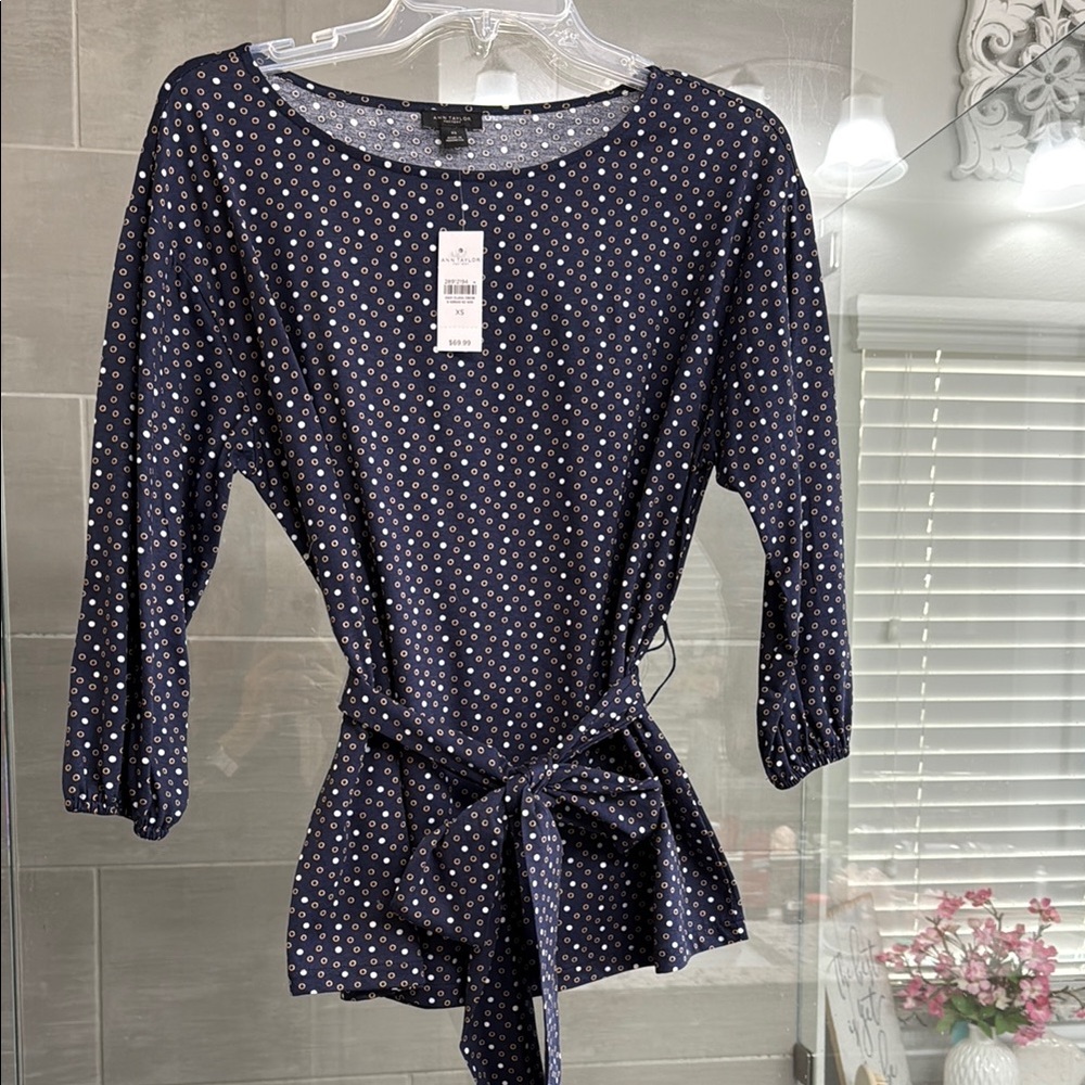 Chic Navy Blouse with White Dots and Belt